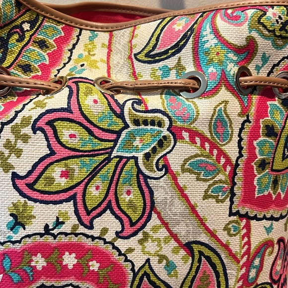 Spartina  Linen natural  shoulder bag   heavy duty  leather trim  hot pink/cream - Picture 11 of 17